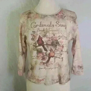Vintage Y2K Studio Gem Cardinal Couple Graphic Embellished Top sz L 100% Cotton